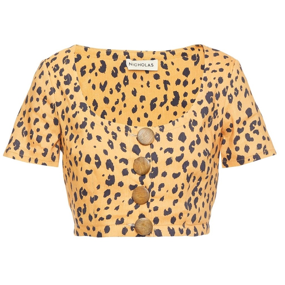 Revolve Nicholas Linen Blend Leopard Cheetah Print Wooden Button Crop Top Size 6